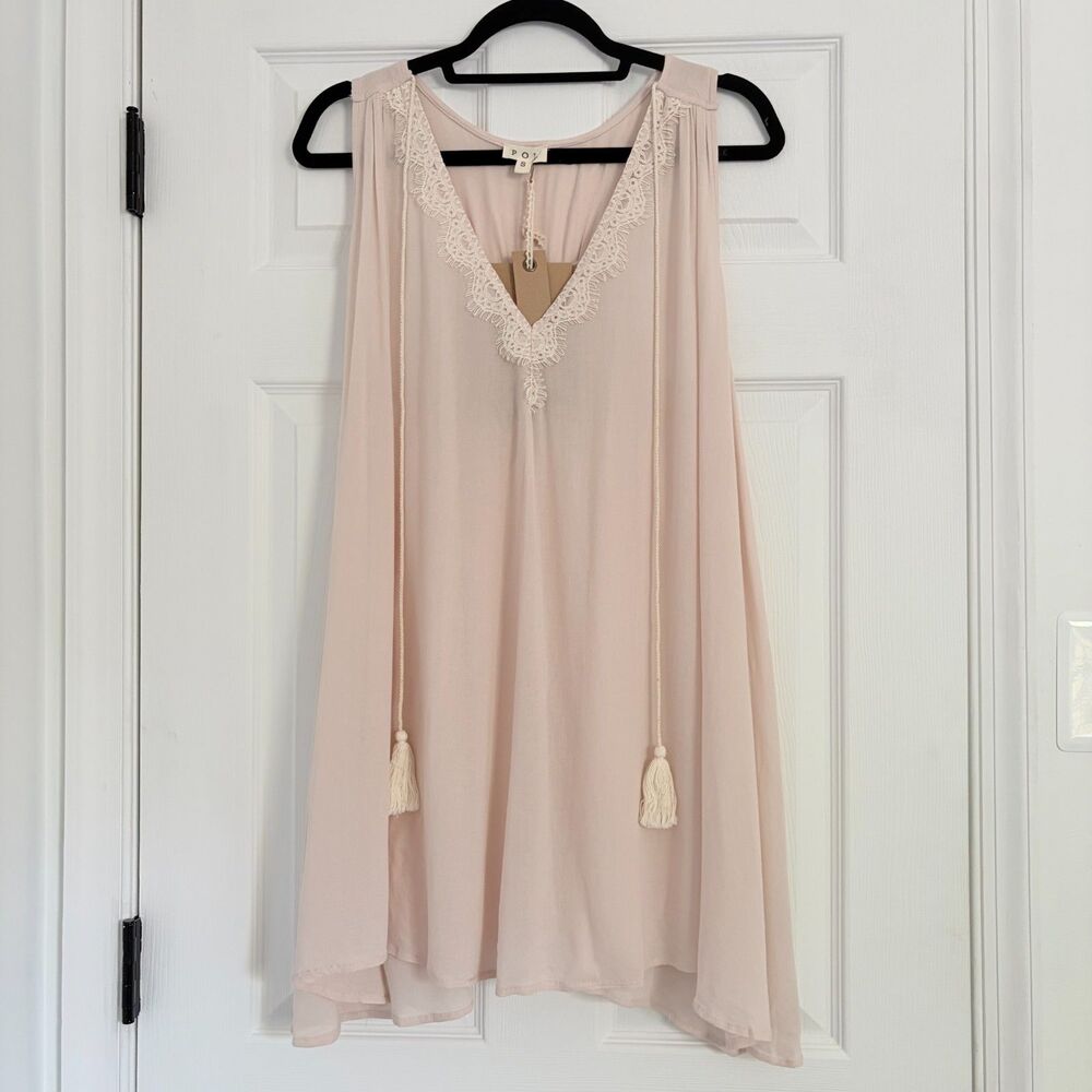 POL Lace Trim Open Back Tank NWT Small Boho Cream Sleeveless Summer Top